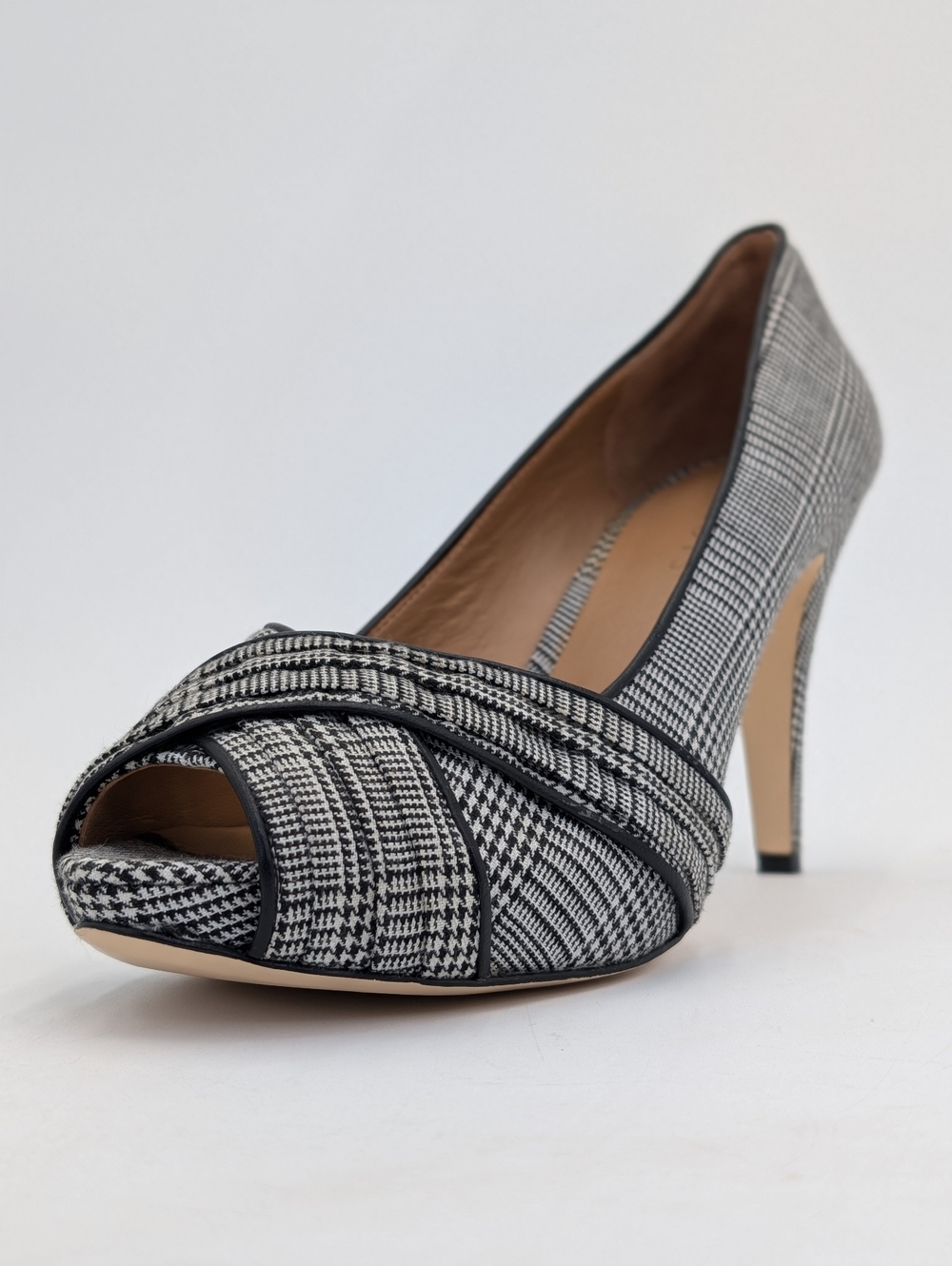 Talbots Sz 9.5M Plaid Black & White Textile Uppers Peep-Toe Crisscross Stiletto - Picture 3 of 17